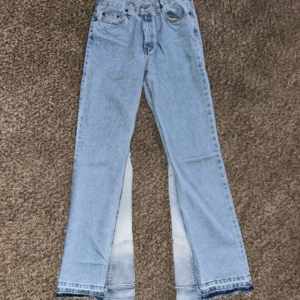 reworked blue acid wash flared denim